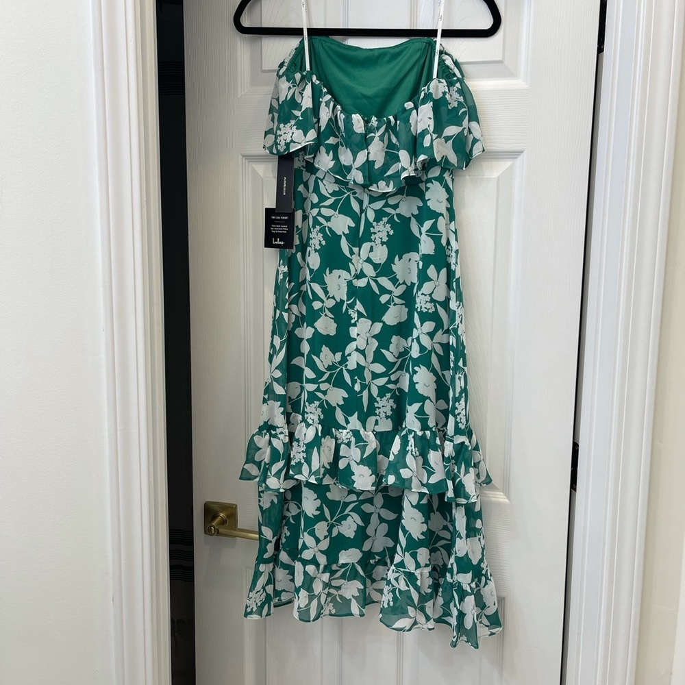 Lulus Dark Green Floral Ruffle Strapless Midi Dress Size M - Picture 3 of 6